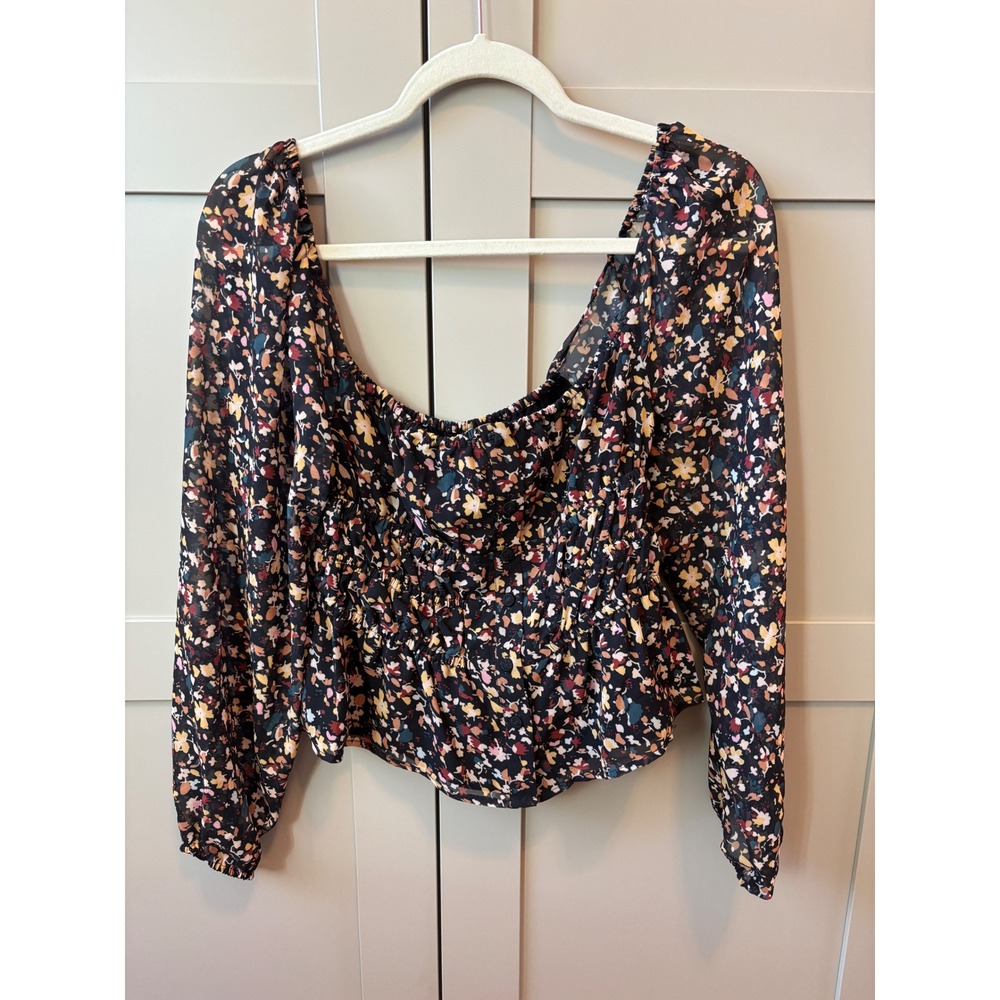 Womens Floral Cottagecore Balloon Sleeve Cropped Blouse Black Size M Whimsygoth
